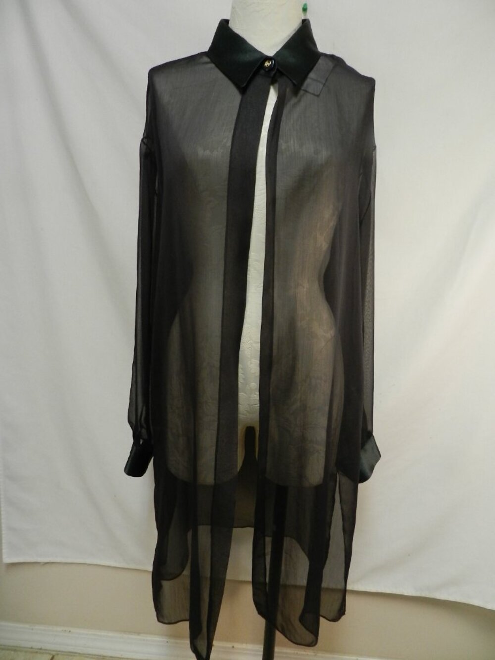 R&M Richards K Kwong Vintage Sheer cover up blazer duster black green Size 18